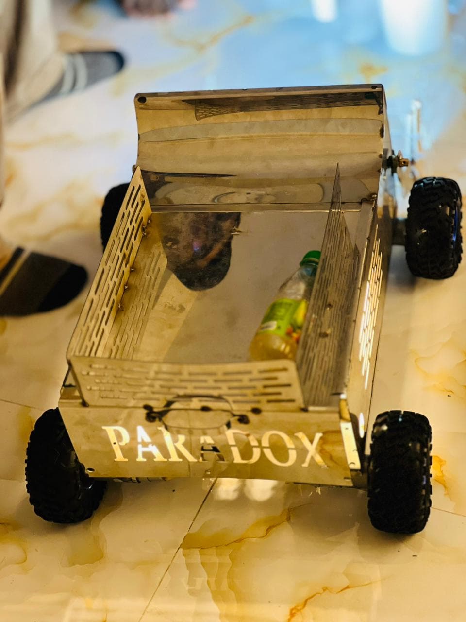 The rear of the rover with PARADOX cut into the tailgate